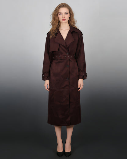 Coffee Suede Long Trench Coat with Belted Waist