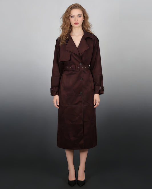 Coffee Suede Long Trench Coat with Belted Waist
