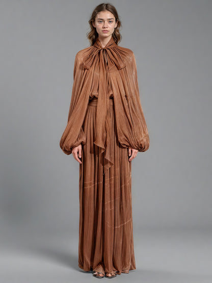 Coffee Tie Neck Puff Sleeve Maxi Dress