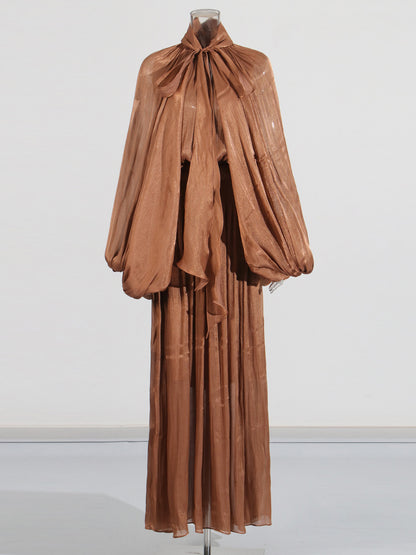 Coffee Tie Neck Puff Sleeve Maxi Dress