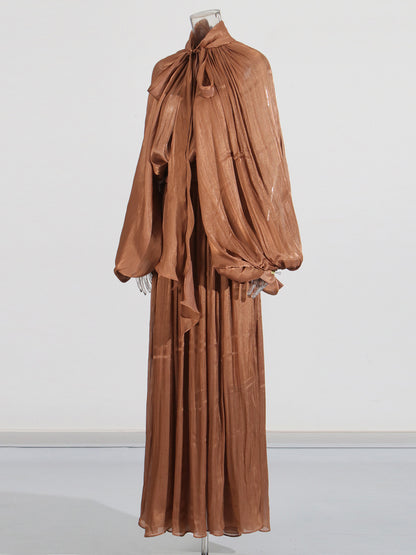 Coffee Tie Neck Puff Sleeve Maxi Dress