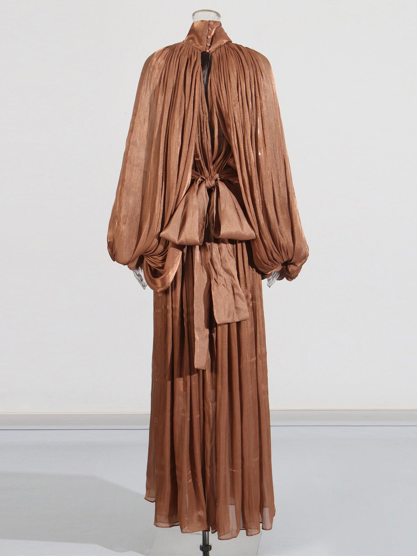 Coffee Tie Neck Puff Sleeve Maxi Dress