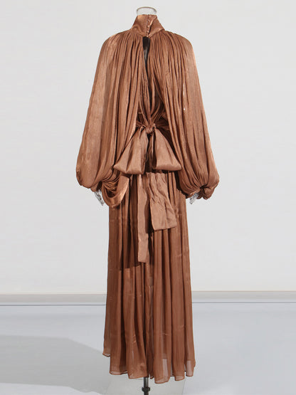 Coffee Tie Neck Puff Sleeve Maxi Dress