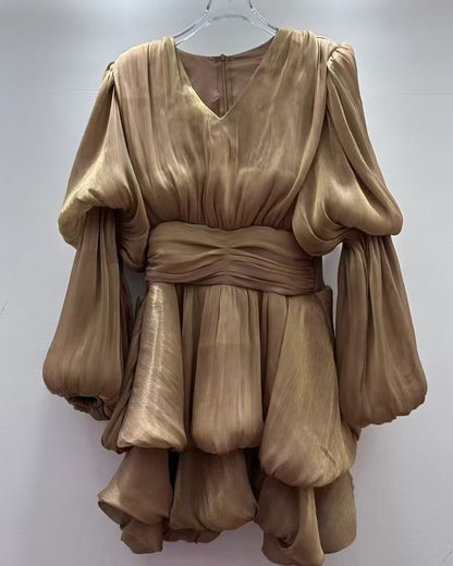 Coffee V-Neck Ruched Puff Sleeve Dress