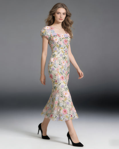 Colorful 3D Floral Embroidery Mermaid Dress