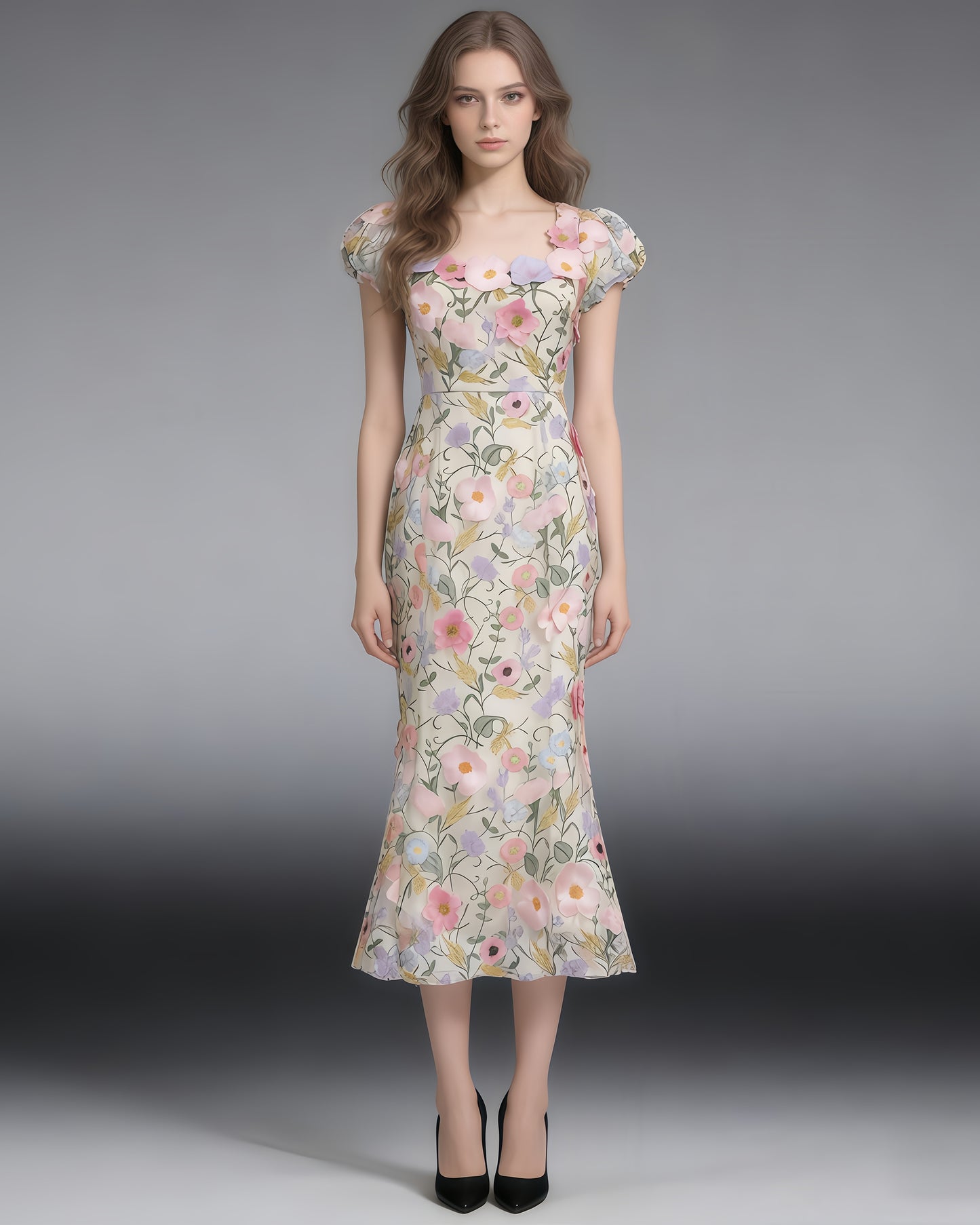 Colorful 3D Floral Embroidery Mermaid Dress