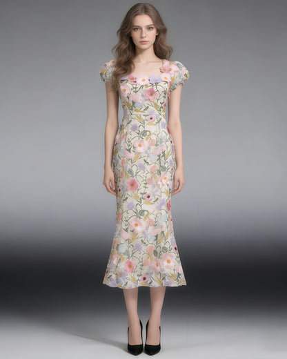 Colorful 3D Floral Embroidery Mermaid Dress
