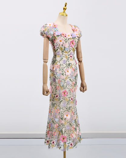 Colorful 3D Floral Embroidery Mermaid Dress