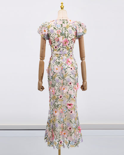 Colorful 3D Floral Embroidery Mermaid Dress