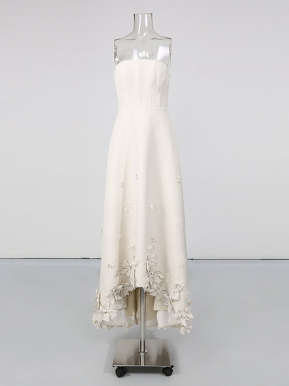 Creamgrey Strapless 3D Floral Appliqués Maxi Dress