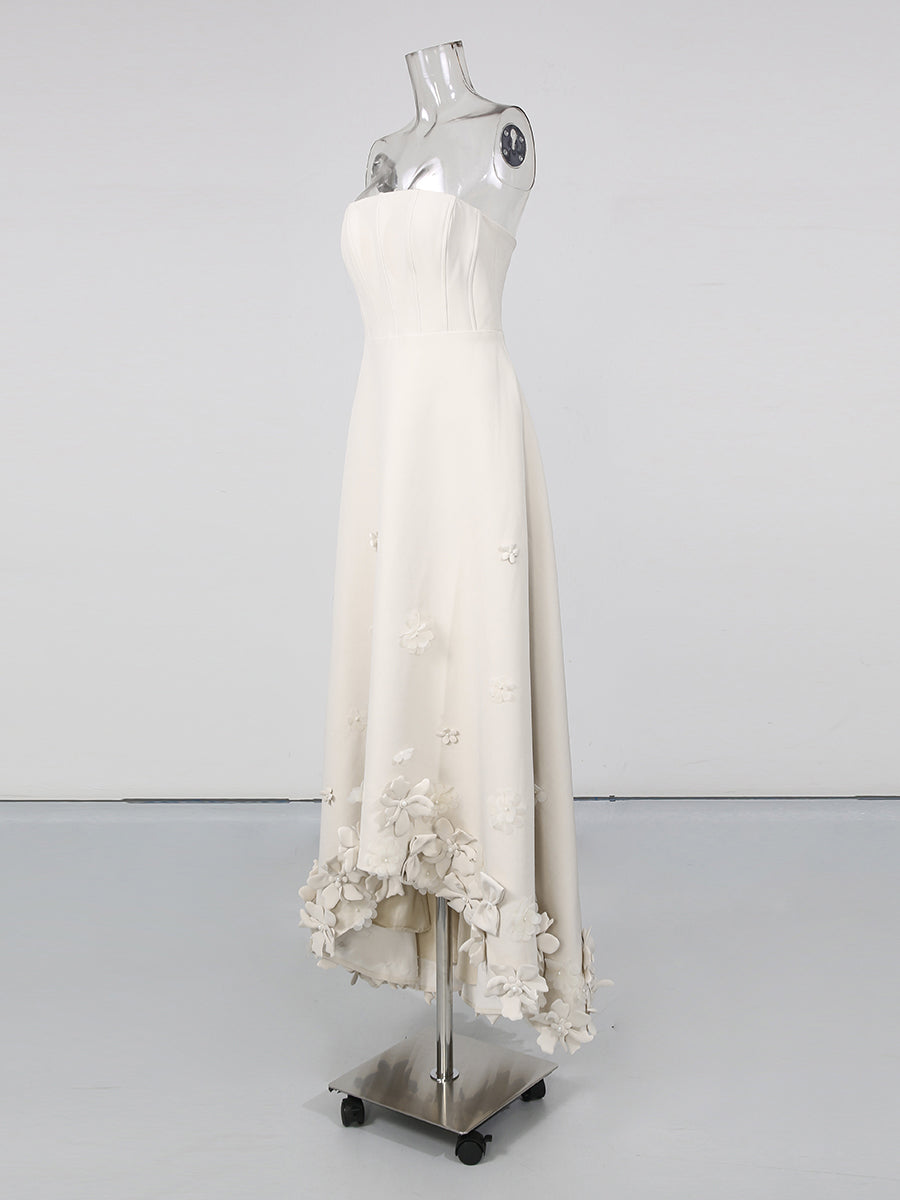 Creamgrey Strapless 3D Floral Appliqués Maxi Dress