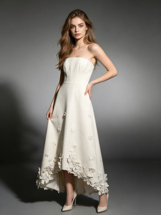 Creamgrey Strapless 3D Floral Appliqués Maxi Dress