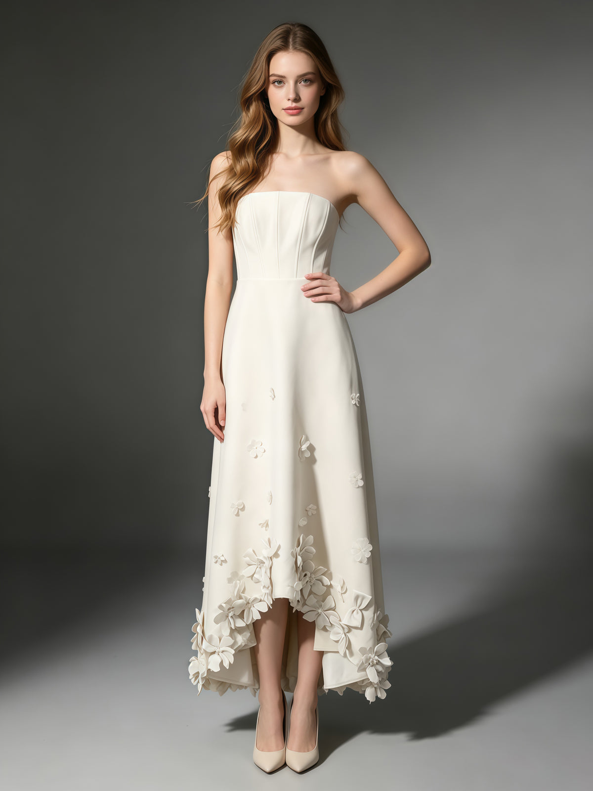 Creamgrey Strapless 3D Floral Appliqués Maxi Dress