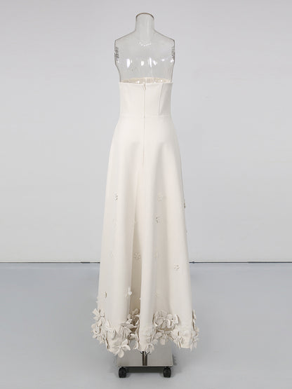 Creamgrey Strapless 3D Floral Appliqués Maxi Dress