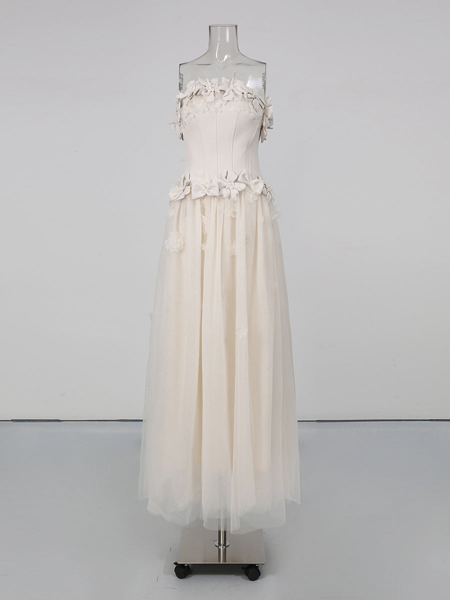 Creamgrey Strapless Fitted Bodice Mesh Maxi Dress