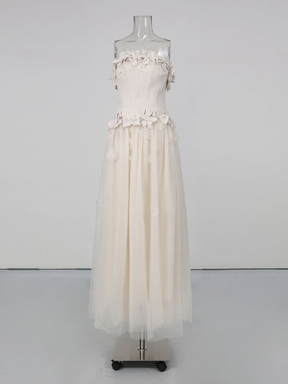 Creamgrey Strapless Fitted Bodice Mesh Maxi Dress