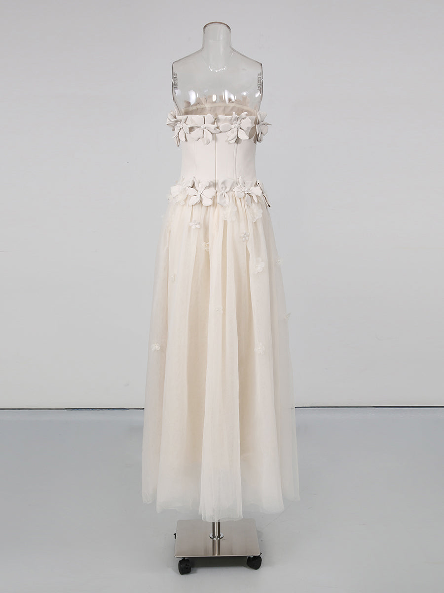 Creamgrey Strapless Fitted Bodice Mesh Maxi Dress
