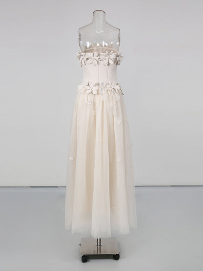Creamgrey Strapless Fitted Bodice Mesh Maxi Dress