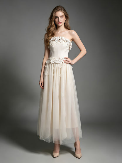 Creamgrey Strapless Fitted Bodice Mesh Maxi Dress