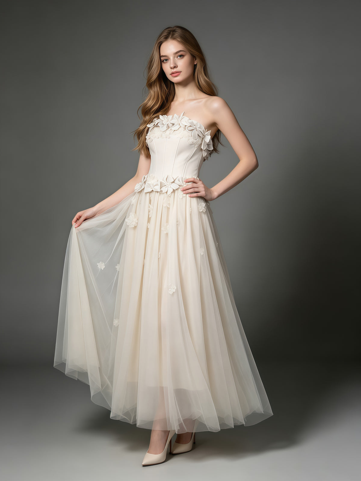 Creamgrey Strapless Fitted Bodice Mesh Maxi Dress