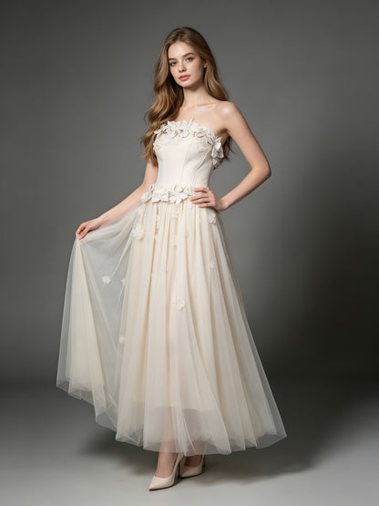 Creamgrey Strapless Fitted Bodice Mesh Maxi Dress