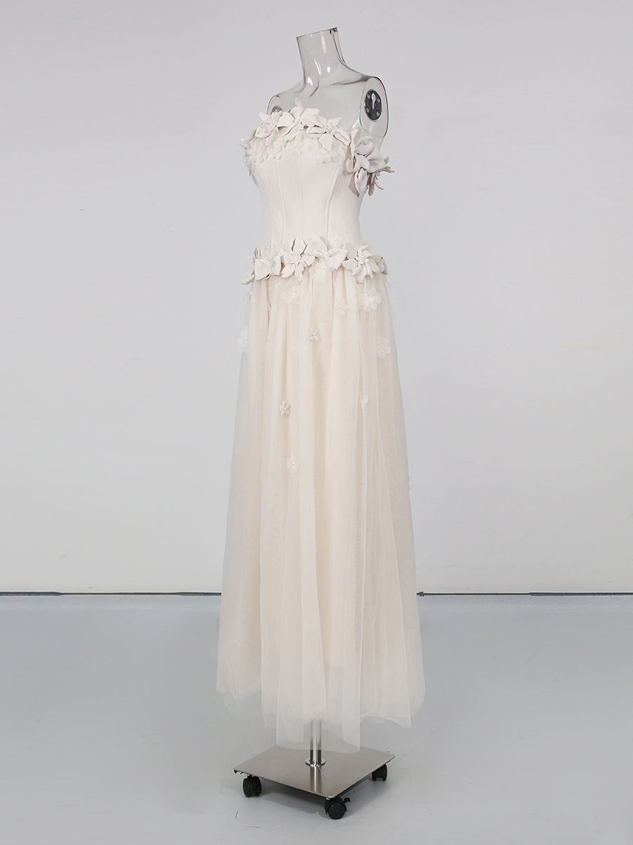 Creamgrey Strapless Fitted Bodice Mesh Maxi Dress