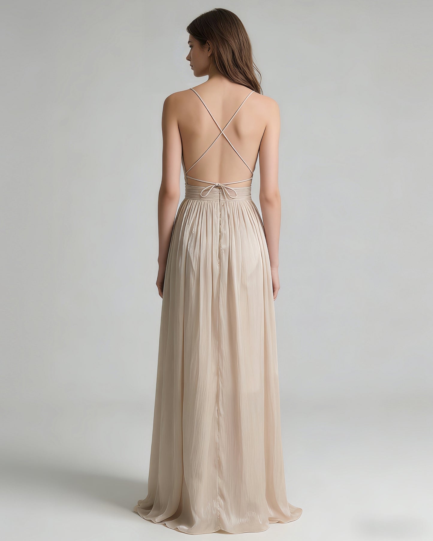Deep V Spaghetti Strap Ruched Shiny Maxi Dress
