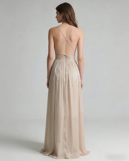Deep V Spaghetti Strap Ruched Shiny Maxi Dress