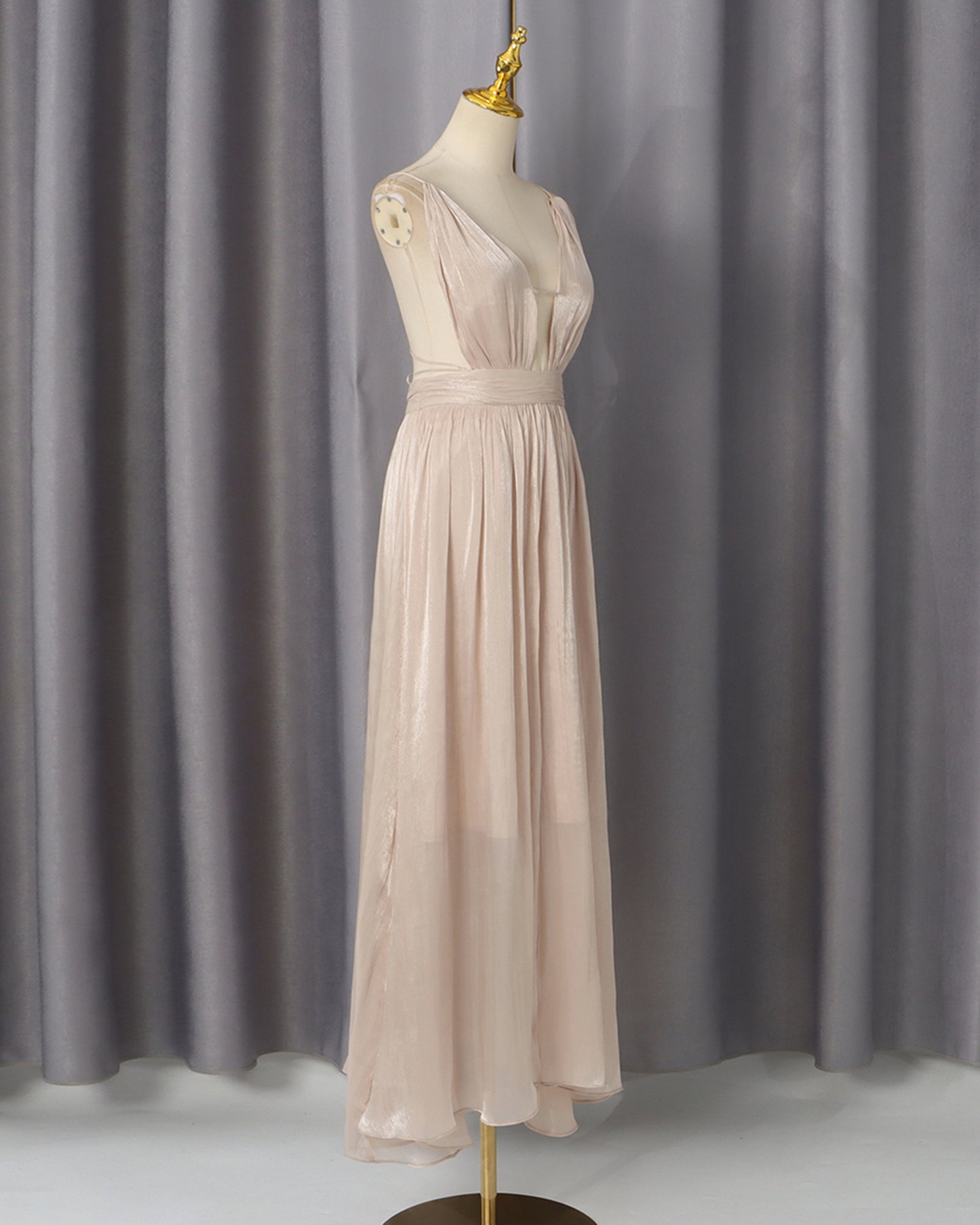 Deep V Spaghetti Strap Ruched Shiny Maxi Dress