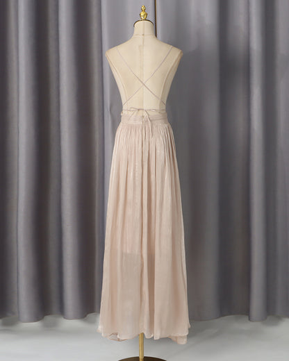 Deep V Spaghetti Strap Ruched Shiny Maxi Dress