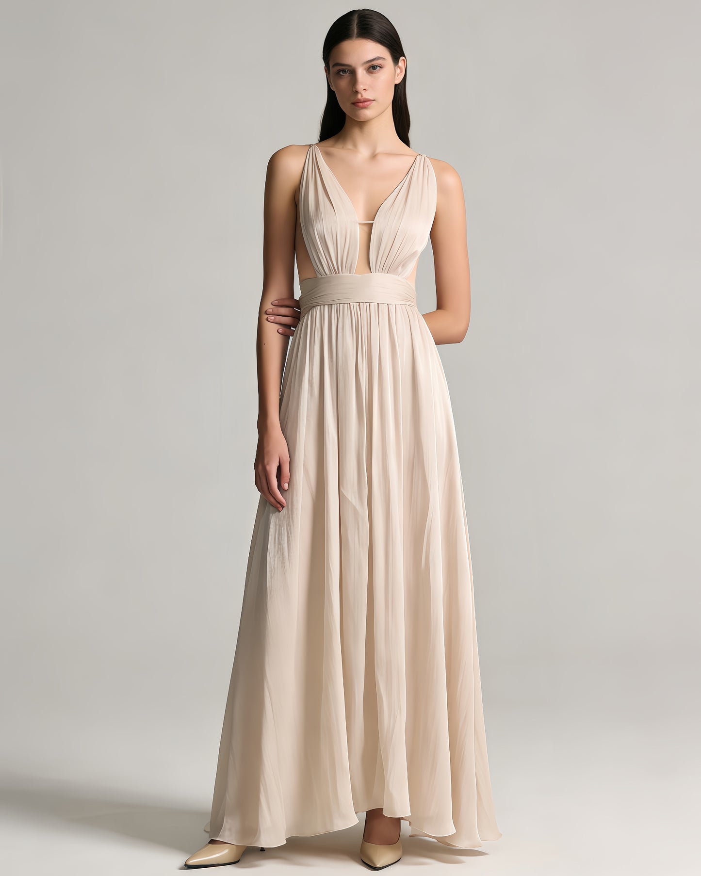 Deep V Spaghetti Strap Ruched Shiny Maxi Dress