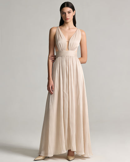 Deep V Spaghetti Strap Ruched Shiny Maxi Dress