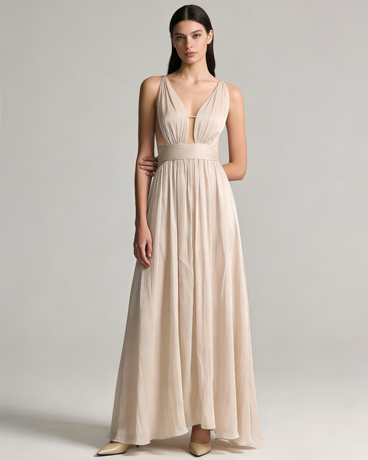 Deep V Spaghetti Strap Ruched Shiny Maxi Dress