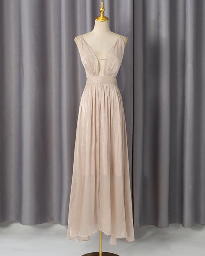 Deep V Spaghetti Strap Ruched Shiny Maxi Dress