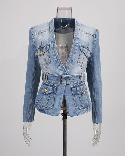 Denim Blazer with Gold Buttons & Belt