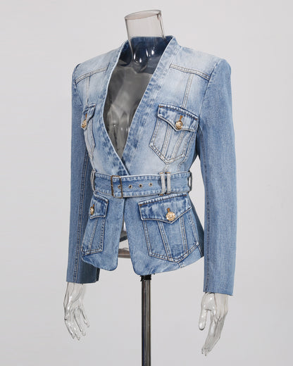 Denim Blazer with Gold Buttons & Belt
