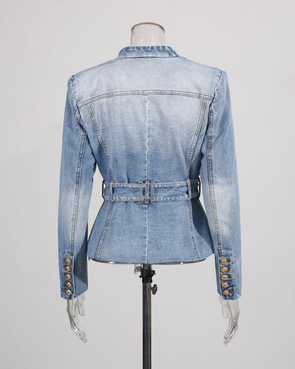 Denim Blazer with Gold Buttons & Belt