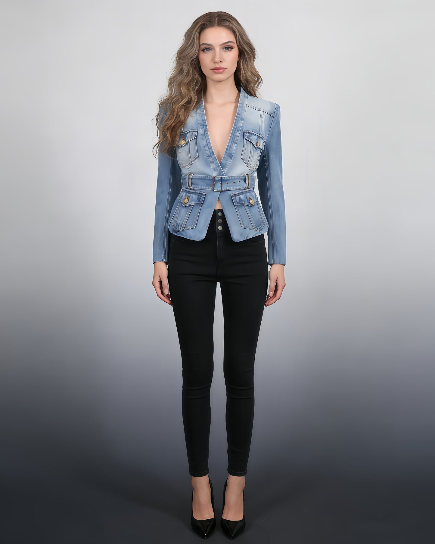 Denim Blazer with Gold Buttons & Belt