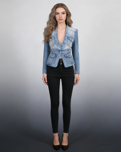 Denim Blazer with Gold Buttons & Belt