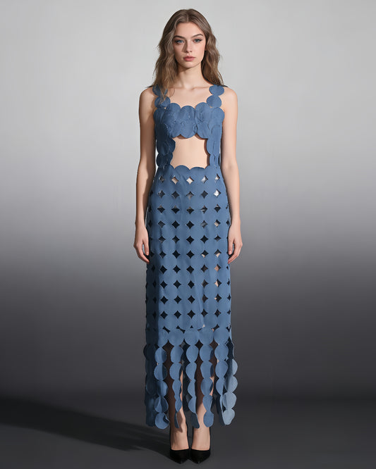 Denim Blue Cutout Floral Maxi Dress