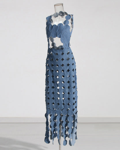 Denim Blue Cutout Floral Maxi Dress