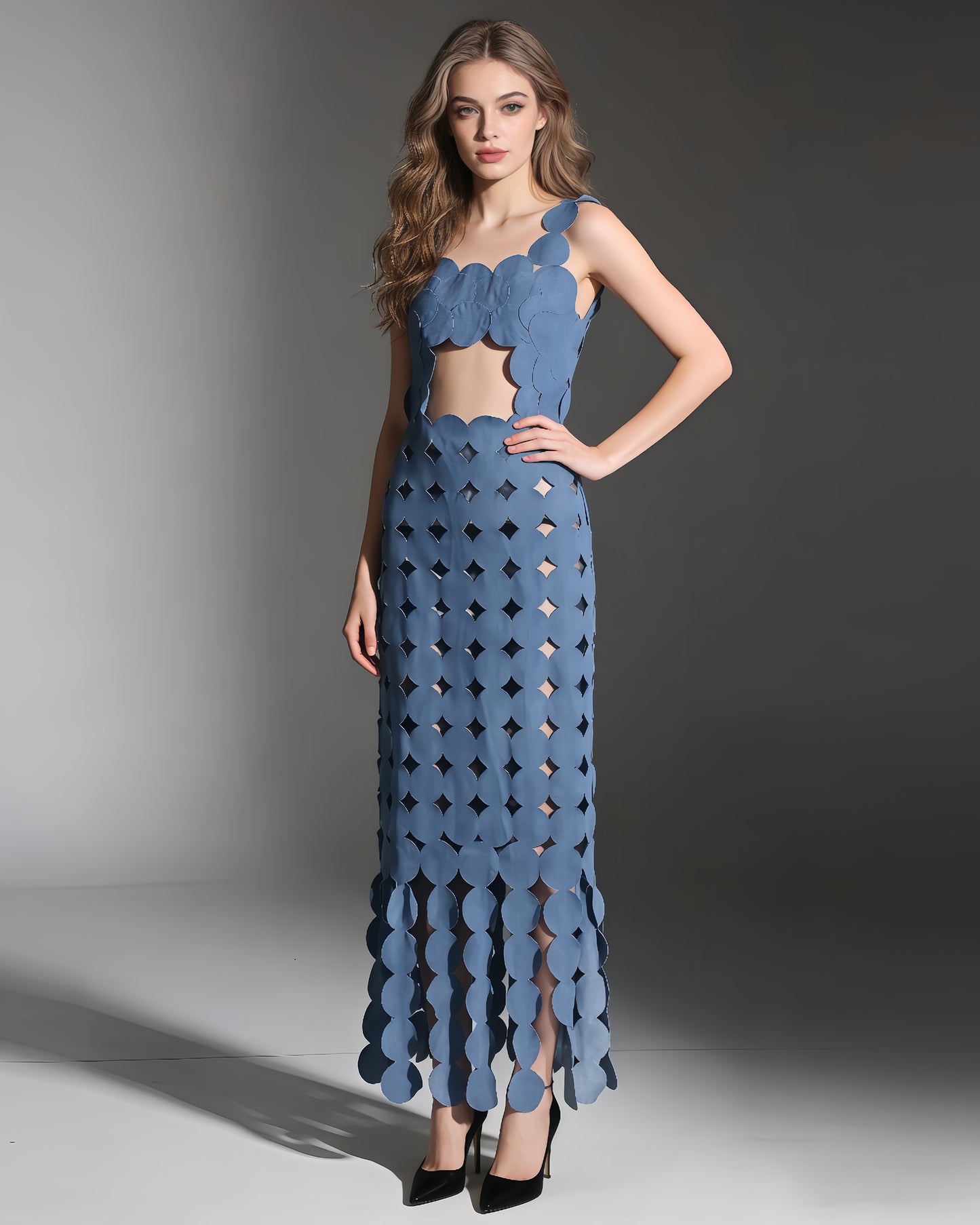 Denim Blue Cutout Floral Maxi Dress