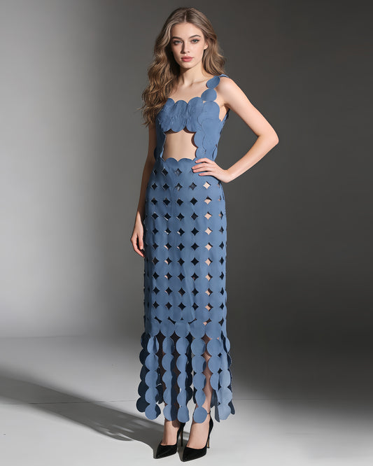 Denim Blue Cutout Floral Maxi Dress