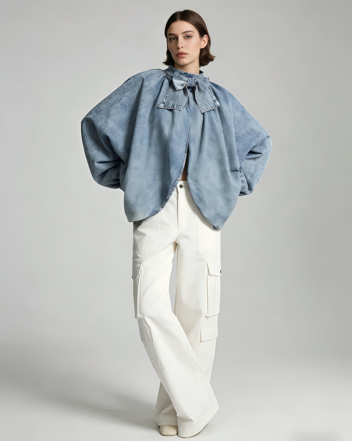 Denim Bow Tie Puff Sleeve Blouse