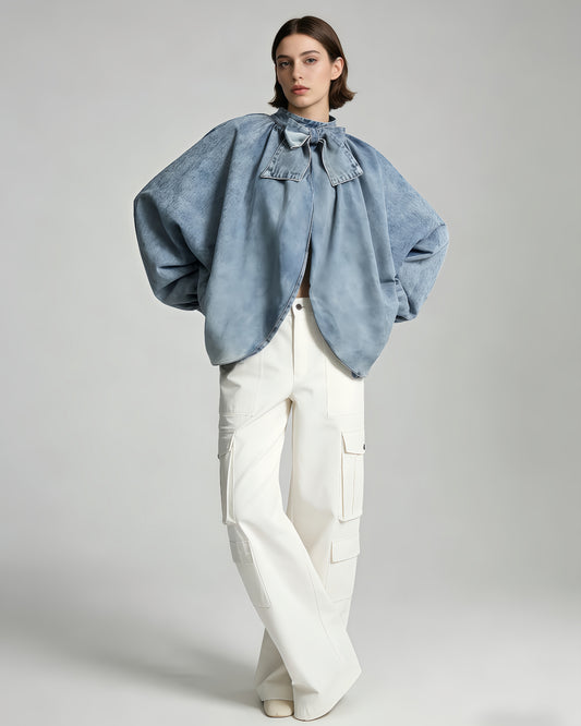 Denim Bow Tie Puff Sleeve Blouse