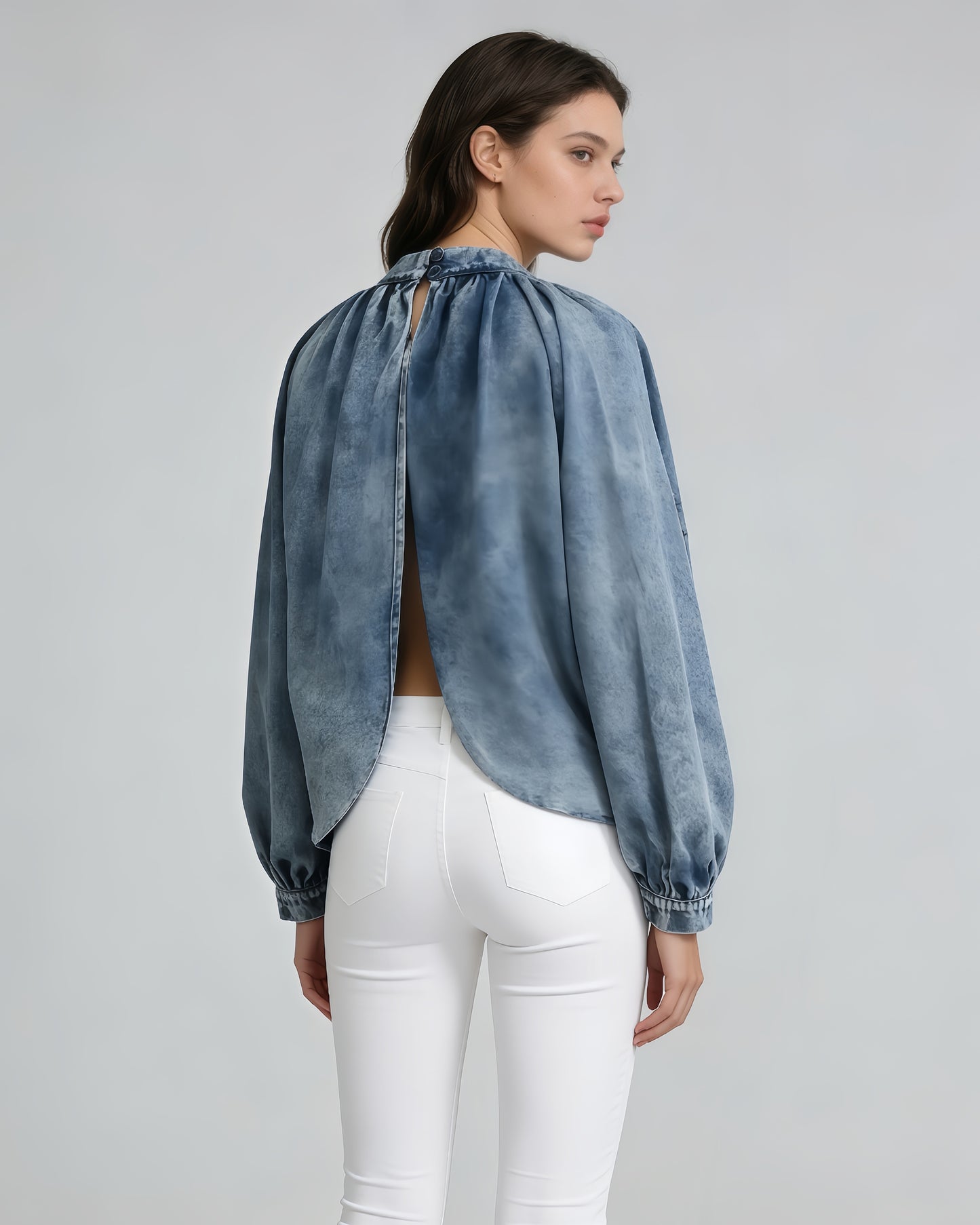 Denim Bow Tie Puff Sleeve Blouse