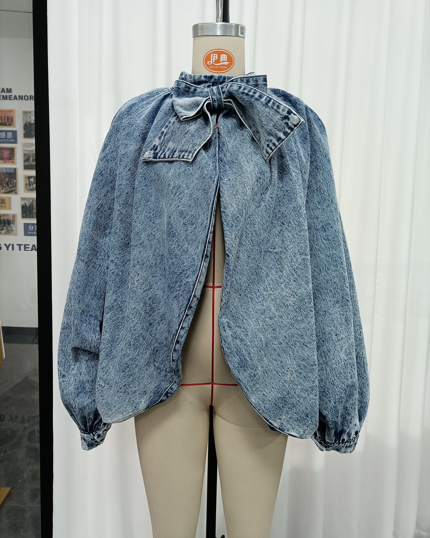 Denim Bow Tie Puff Sleeve Blouse