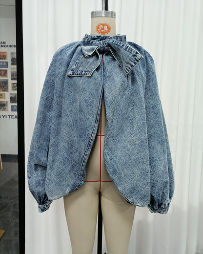 Denim Bow Tie Puff Sleeve Blouse