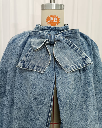 Denim Bow Tie Puff Sleeve Blouse