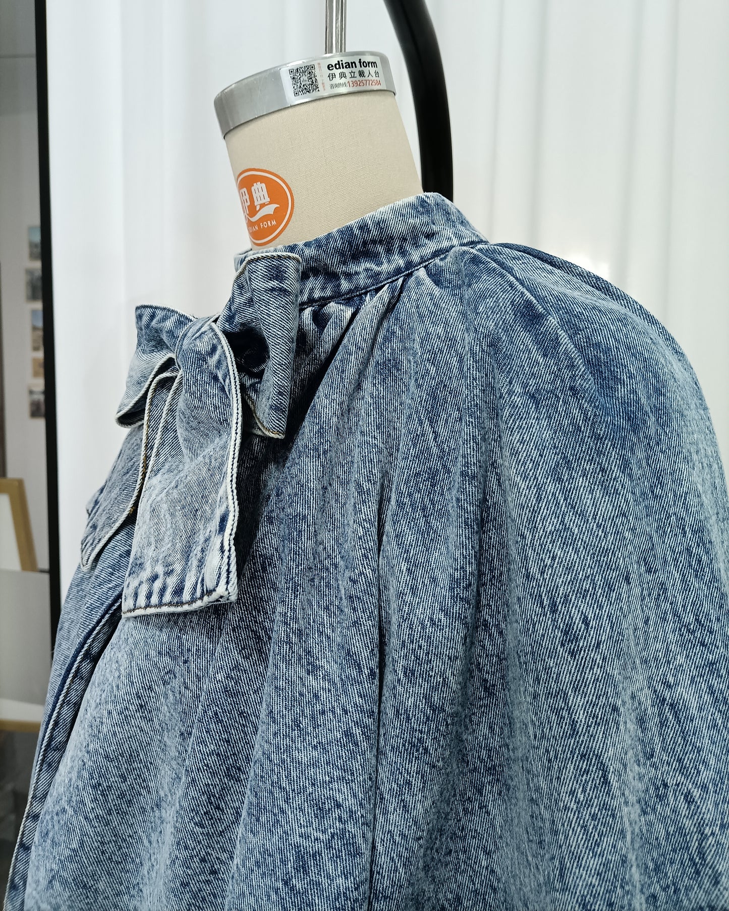 Denim Bow Tie Puff Sleeve Blouse